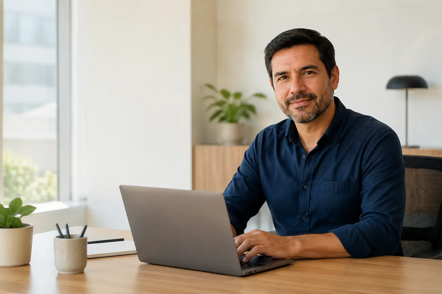 Profesional trabajando en una solución digital desde una oficina luminosa